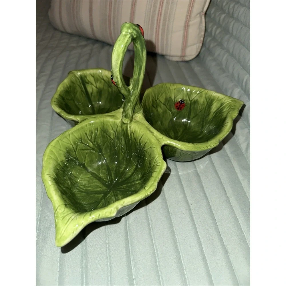 Pier 1 - 3 Section Ceramic Green Leaf /ladybug Condiment Bowls w/ Handle